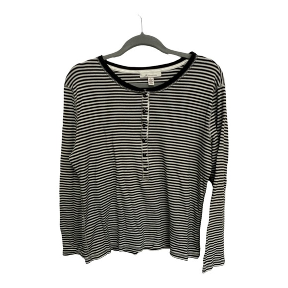 JM Collection Prima Cotton Black White Striped Long Sleeve Button Up Size Large - Picture 1 of 5